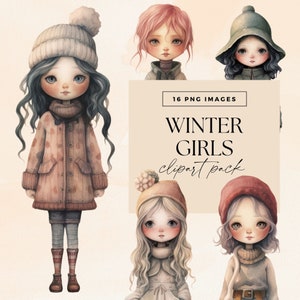 Winter Girls Clip Art Clipart Pack, Transparent PNGs, Junk Journal Whimsy, Watercolor Snow Paper Dolls, Commercial, Whimsical Characters