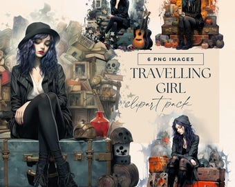 Pacchetto clipart di ragazze in viaggio, clipart di valigie, PNG trasparenti, grafica per traslochi, diario di spazzatura stravagante, illustrazioni di ragazze alla moda