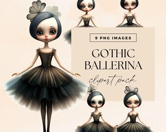 Ballerina Clipart, Gothic Tänzerin Clip Art Pack, Transparentes PNG, Aquarellpapier Puppen, Junk Journal Dark Fantasy Charaktere, Märchen Kunst