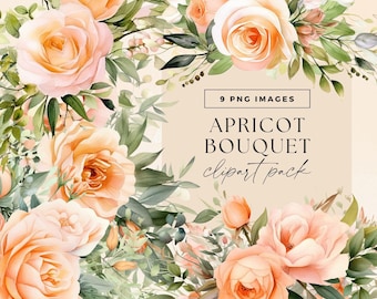 Clipart de buquê de flores de damasco, PNG transparente, ilustrações de casamento de pêssegos e creme, clipart floral elegante em aquarela, convite de primavera