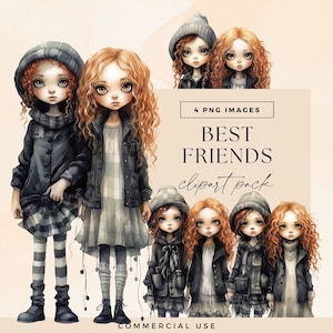 Best Friend Clipart Pack, Friends Clip Art, Transparent PNGs, Watercolour Paper Dolls, Whimsical Junk Journal, Fashion Girl Illustrations