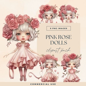Pacote de clipart de boneca rosa, PNGs transparentes em aquarela, clipart de bonecas de papel de personagem de rosas bonitas, gráficos extravagantes de diário de lixo floral