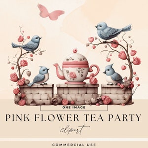 Clipart Garden Tea Party, ClipArt di uccelli primaverili, PNG trasparenti, tazze da tè stravaganti illustrazioni di invito, diario spazzatura floreale ad acquerello