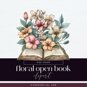 Flower Open Book Clipart, Reading Clip Art, Transparent PNG, Floral Book Pile Illustrations, Vintage Library Junk Journal, Spring Ephemera