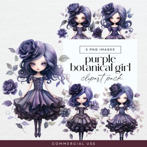 Fioletowa botaniczna dziewczyna Clipart, Przezroczysty PNG, Fantazyjny ciemny róż Doll Clip Art Pack, Dziennik śmieci kwiatowych, Ilustracje kwiatowych efemeryd