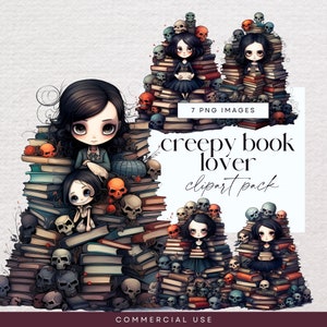 Griezelig meisje boekenliefhebber clipart, schedel illustraties, png, horrorverhalen, boek stapel lezing graphics, halloween ephemera, stapel boeken ongewenste dagboek