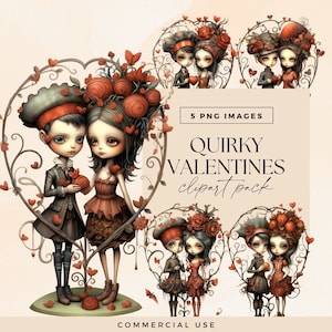 Goth Valentine Clipart, Transparent PNG, Quirky Couple Clip Art, Spooky Romance Dolls, Junk Journal Characters in Love, Whimsical Valentines