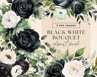 Gothic Flower Bouquet Clipart, Transparent PNGs, Black White Roses Wedding Bouquet Illustrations, Watercolour Dark Moody Floral Clip Art