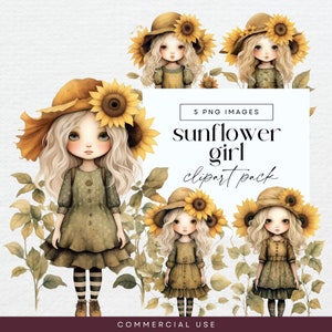 Clipart de menina de girassol, PNG transparente, pacote de clipart de boneca de girassol, diário de lixo botânico, coisas efêmeras florais, ilustrações de flores brilhantes