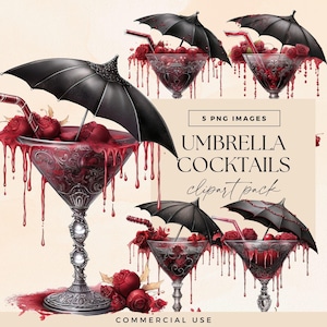 Halloween Cocktail Clip Art, Umbrella Alcohol Drink Illustration, Bar Menu Graphics, Spooky Red Gothic Christmas Drinks Clipart PNGs