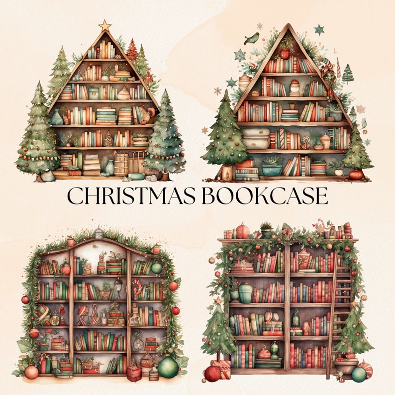 Christmas Bookshelf Clipart Pack, Watercolour Xmas Clip Art, Holiday
