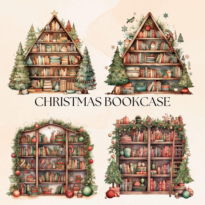 Library Xmas Vector Christmas Bookshelf Clipart Pack, Watercolour Xmas Clip Art, Holiday ...