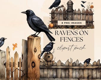Grillige raven clipartbundel, transparante png, gotische merelkunst, Goth Crows on Street Fence illustraties, Junk Journal Garend efemere verschijnselen
