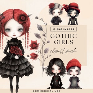 Gothic Botanical Girls Clipart Pack, Dark Red Goth Girls, Transparent PNGs, Watercolour Rose Paper Dolls, Junk Journal Whimsical Fairytale