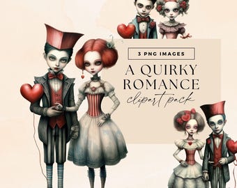 Könnte beinhalten: Digitale Kunst mit einem skurrilen Romantik-Thema. Das Bild zeigt Illustrationen stilisierter Figuren in Vintage-Kleidung, die herzförmige Ballons halten. Der Text lautet "A Quirky Romance clipart pack".