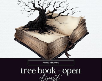 Gothic Book Clipart, PNG, Open Book Clip Art, Garden Reading Junk Journal, Dark Academia, Book Lovers Library Illustration, Tree Graphics