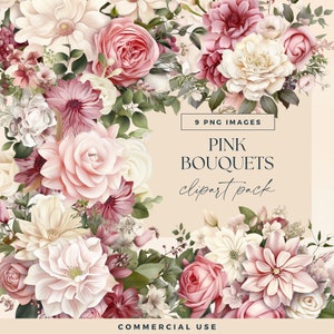 Floral Clipart Modern Wedding Bouquet, Blush Pink Roses White Flower Clip Art, Wedding Invitation PNG, Watercolour Baby Shower Illustrations