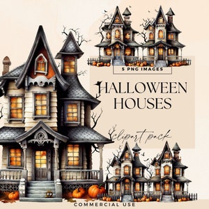 Quirky Halloween Buildings Clipart Pack, Whimsical Houses, Victorian Wooden Manor Clip Art, Vintage Home Illustrations, Transparent PNGs CU