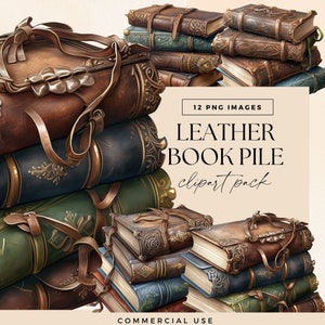 Pacchetto di clip art di libri vintage, clipart di biblioteca, pila di libri in pelle, grafica di lettura, PNG di libri colorati, uso commerciale, immagini di amanti della lettura