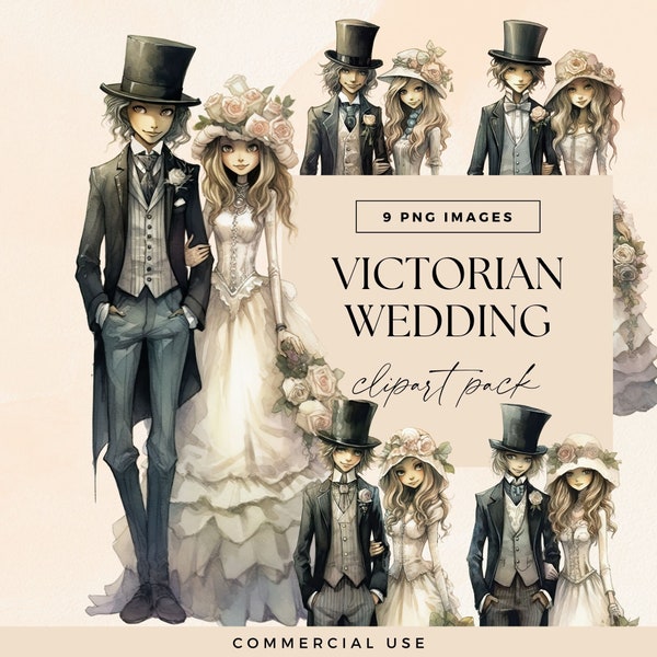 Victorian Wedding Clipart, DIGITAL DOWNLOAD, Wedding Day Illustrations, Bride and Groom PNG, Couple Clip Art Graphics, Vintage Invitation