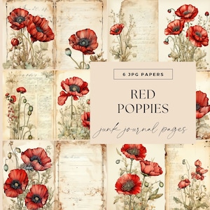 Kit de carnets coquelicots, feuilles de collage fleurs printanières, papier décoratif floral, pages botaniques, impression coquelicot rouge, album éphémère de scrapbooking