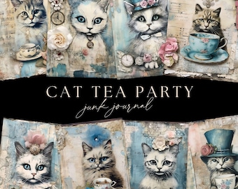 Cat Junk Journal Papers, Whimsy Tea Party Mixed Media Pages, Digital DOWNLOAD, Whimsical Scrapbooking, Kitten Ephemera, Vintage Cat Pages