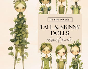 Tall and Skinny Doll Clip Art Clipart Pack, Kommersiellt Använda Karaktärer, Transparenta PNG-filer, Utskrivbar Junk Journal, Digitala Botaniska Flickor