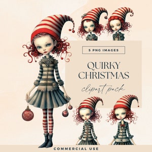 Skurrile Weihnachtscliparts, skurrile Weihnachtspapierpuppe, transparente PNGs, digitale Feiertags-Mädchen-Clipart, saisonale Illustrationen, Junk-Journal
