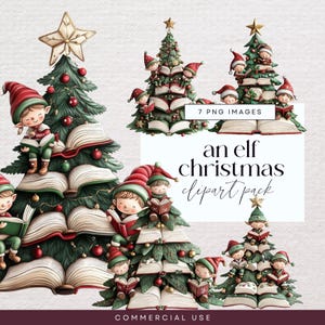 Elf Book Christmas Tree Clipart, Festive Holiday PNG Bundle, Magical Clip Art, Christmas Decoration Illustrations, Seasonal Reading Ephemera