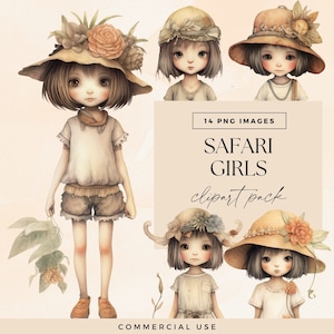 Safari Girl Clip Art Clipart Pack, Clipart per uso commerciale, PNG trasparenti, Bambole di carta Safari acquerello, Jungle Junk Journal Whimsy