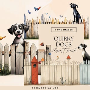 Whimsical Dog Clipart Bundle, Transparent PNG, Quirky Art, Cute Puppies on Street Fence Clip Art, Junk Journal Garden Ephemera, Puppy Fun