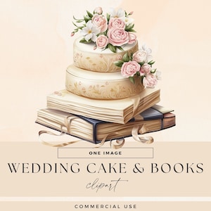 Gâteau de mariage floral, nouveau chapitre livre pile des cliparts, PNG transparents, illustration d'invitation de douche, graphique de journal indésirable, pile de livre vintage