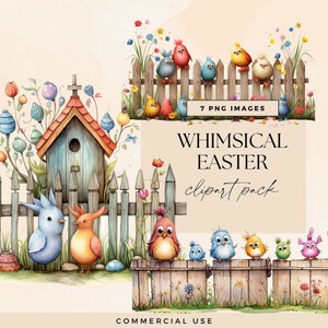 Skurrile Ostern Clipart, transparente PNG, helle schrullige Häschen-Ei-Kunst, launische Straßenzaun-Clip-Art, saisonale Küken Junk-Journal Ephemera