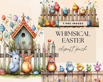 Whimsical Easter Clipart, Transparent PNG, Bright Quirky Bunny Egg Art, Whimsy Street Fence Clip Art, Seasonal Chick Junk Journal Ephemera