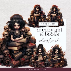 Griezelig meisje boekenliefhebber clipart, schedel illustraties, png, horrorverhalen, boek stapel lezing graphics, halloween ephemera, stapel boeken ongewenste dagboek