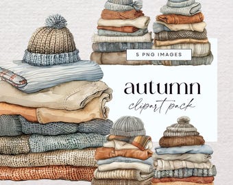 Fall Sweater Clipart Bundle, Autumn Clothes Clip Art, Watercolour Winter Sweatshirt Clothing, Cozy Autumn Jumper Illustrations, PNG Download