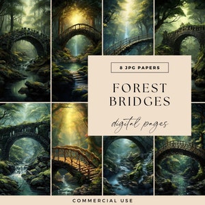 Bosbruggen digitale download, betoverde achtergrond, Magical Woodlands Junk Journal, Fantasy Stream Scenes, Magic Tall Trees Papers, JPG