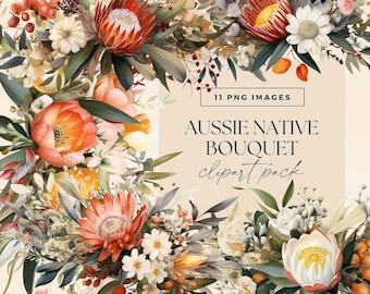 Australian Native Flower Bouquet Clipart, Protea Flowers, Transparent PNGs, Aussie Floral Wedding Clip Art, Watercolor Tropical Flowers