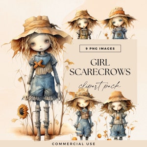 Clipart Scarecrow Girls, Transparent PNG, Fall Field Dolls Clip Art, Watercolour Autumn Illustrations, Thanksgiving Junk Journal Graphics