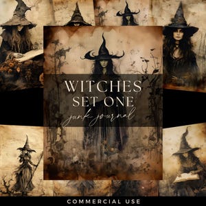 Puede incluir: Un collage de ilustraciones que presentan brujas con sombreros puntiagudos y ropa oscura. La imagen central muestra el texto "Witches Set One junk journal" en un estilo vintage, con un fondo sepia.