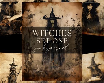 May include: A collage of illustrations featuring witches in various poses, wearing pointed hats and dark clothing. The central image displays the text "Witches Set One junk journal" in a vintage style, with a sepia-toned background.