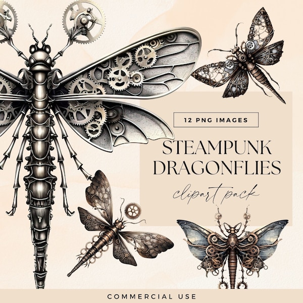 Steampunk Dragonflies Clipart Kit, Transparent PNG, Junk Journal Dragonfly Ephemera, Mechanical Clip Art Bundle, Victorian Graphics, Insects