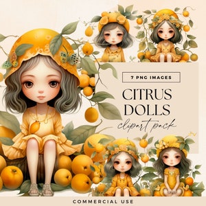 Pack de cliparts lunatique poupée agrumes, PNGs mignons filles en papier décalé, journal orange, graphiques jardin magique, illustrations éphémères de fruits
