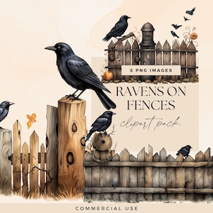 Whimsical Raven Clipart Bundle, Transparent PNG, Gothic Blackbird Art, Goth Crows on Street Fence Clip Art, Junk Journal Garend Ephemera