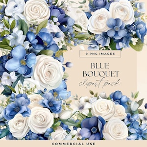 Floral Clipart Moderne Hochzeitsstrauß, Blaue und weiße Rosen Blumen Clip Art, Hochzeitseinladung PNGs, Aquarell Baby Shower Illustrationen