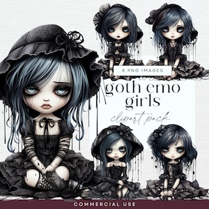 Gothic Girl Clipart, Transparent PNG, Watercolor Emo Paper Dolls, Junk Journal Halloween Characters, Fairytale Art, Dark Fantasy Clip Art