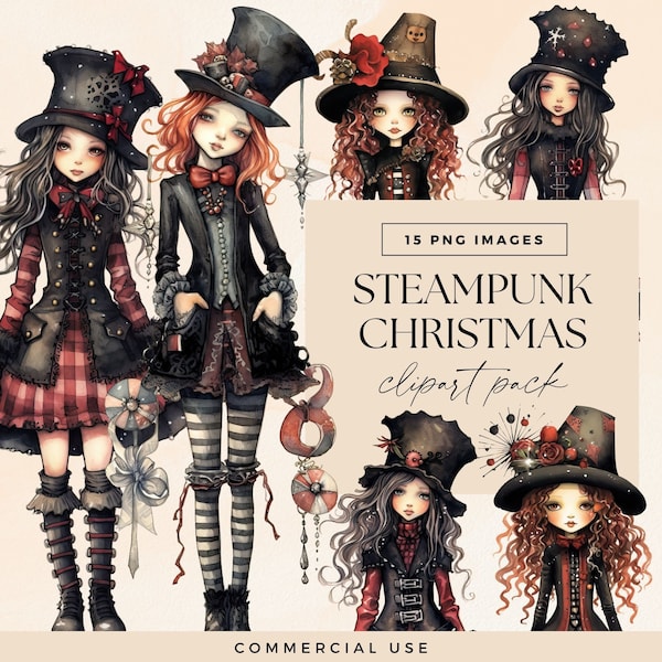 Steampunk Christmas Girls Clipart, Xmas Dolls Clip Art, Transparent PNG, Winter Holiday Graphics, Steam Punk Cute Ephemera, Commercial USE
