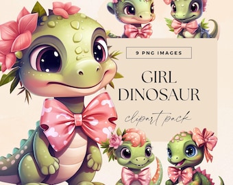 Dinosaur Girl Clipart Clip Art Pack, Transparent PNGs, Pink Dino Clipart, Nursery Deco, Baby Shower Fun, Adorable Dino Characters Digital