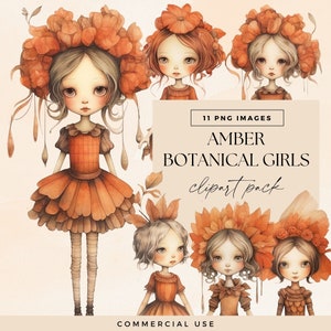 Amber Botanical Girls Clip Art Clipart Pack, Clipart per uso commerciale, PNG trasparenti, Bambole di carta acquerello, Junk Journal Whimsical