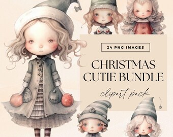 Clipart kerstmeisjes, kerstcadeaus illustraties, transparante png, wintervakantie graphics, aquarel afbeeldingen, digitale download, leuke kerst